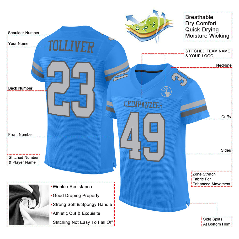 Custom Electric Blue Gray-Steel Gray Mesh Authentic Football Jersey Limited