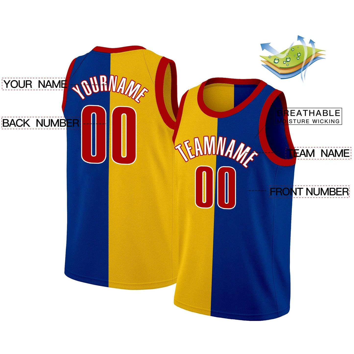 Custom Blue Yellow-Red Split Fashion Tops Basketball Jersey Limited