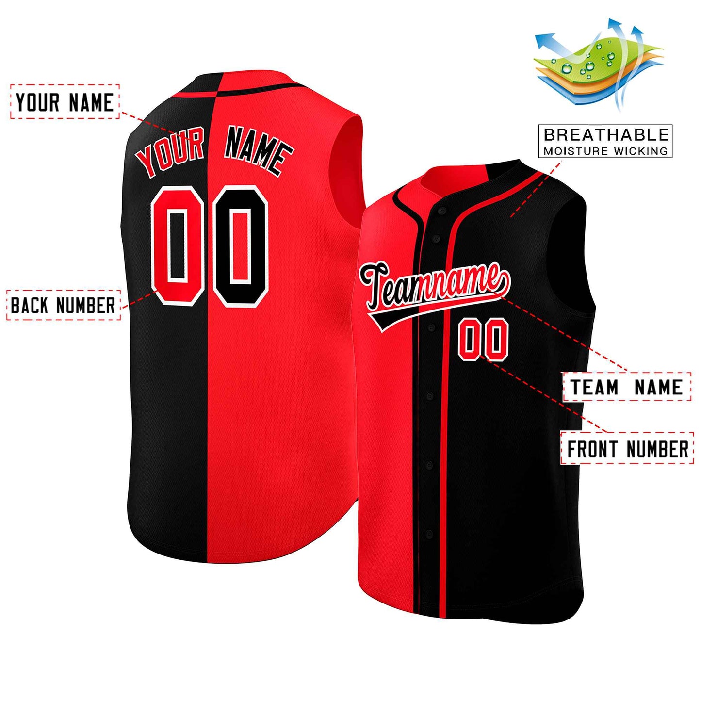 Custom Red Black Split Fashion Design Authentic Sleeveless Baseball Jersey Limited