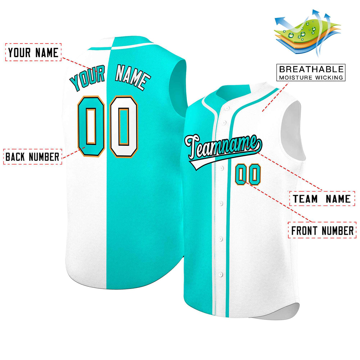 Custom Aqua White Split Fashion Design Authentic Sleeveless Baseball Jersey Limited