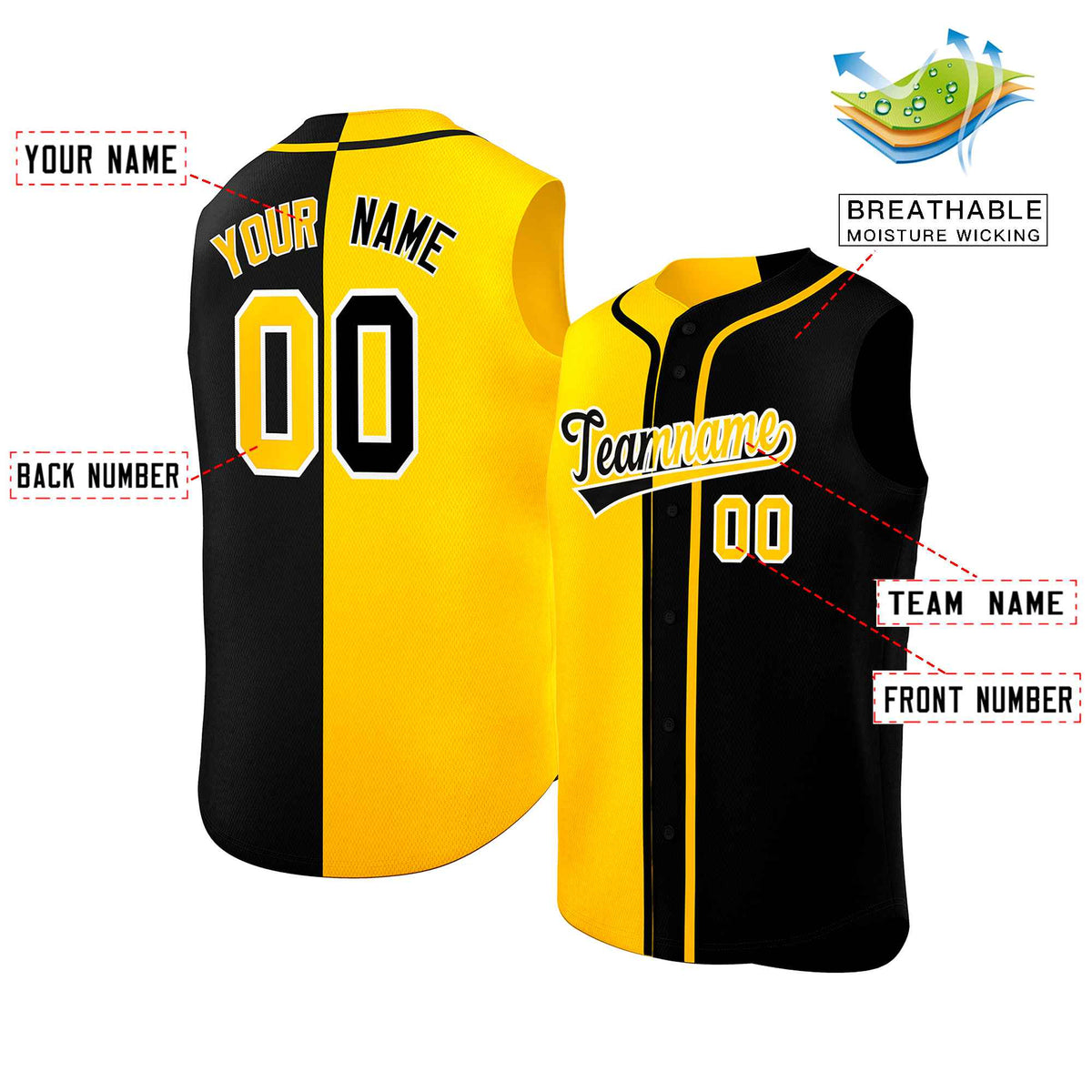 Custom Gold Black Split Fashion Design Authentic Sleeveless Baseball Jersey Limited
