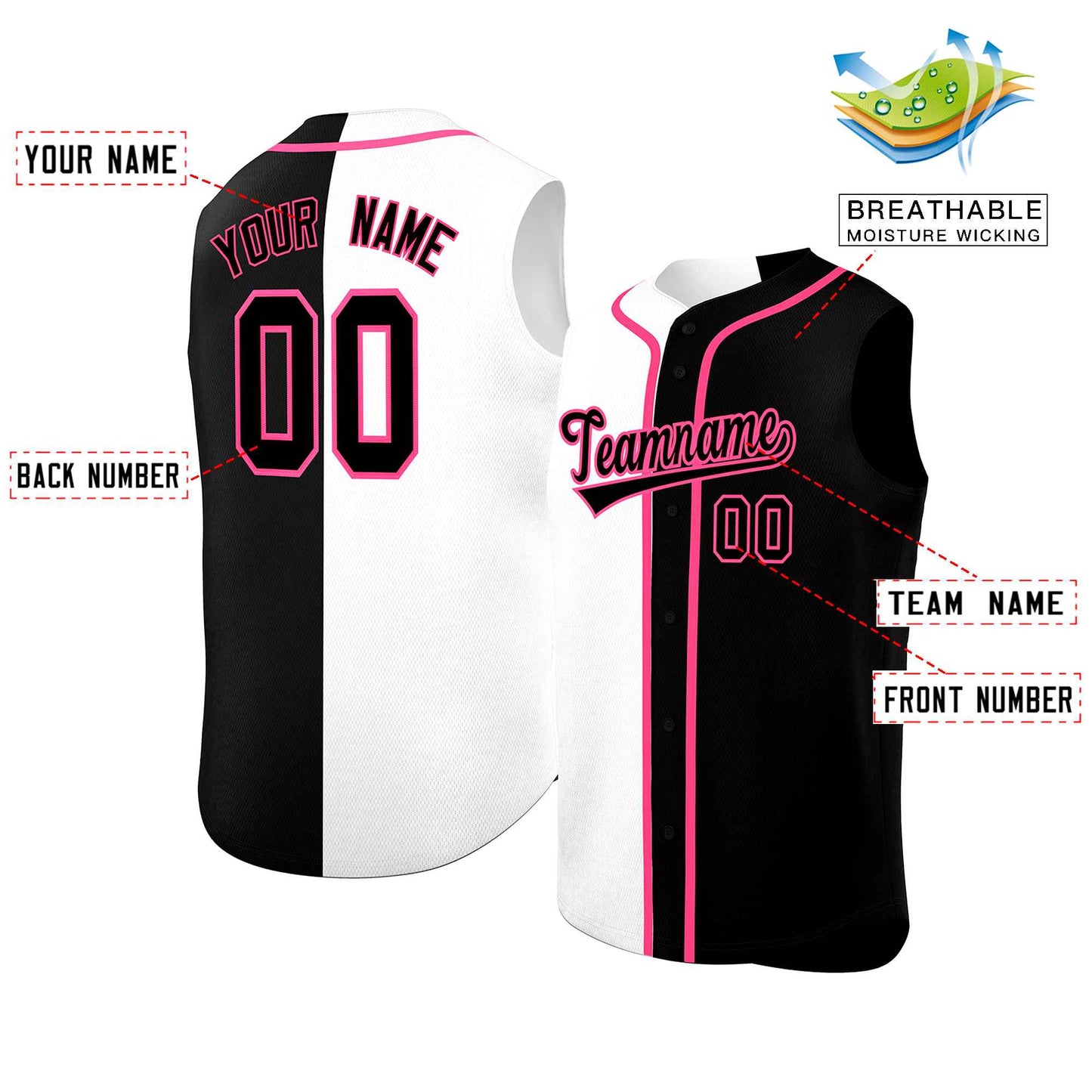 Custom White Black Split Fashion Design Authentic Sleeveless Baseball Jersey Limited
