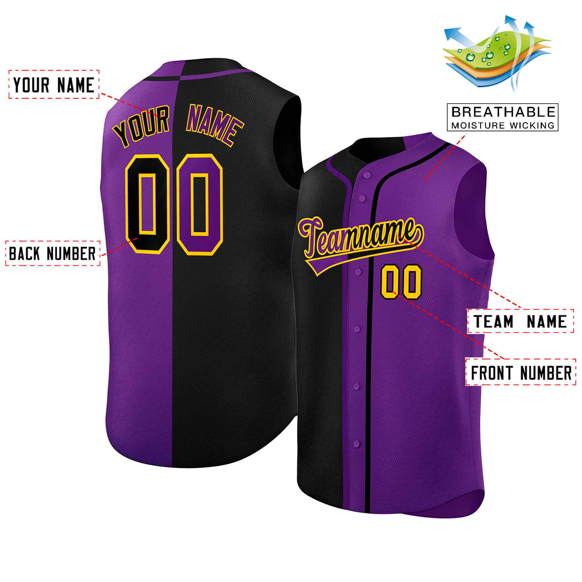 Custom Black Purple Split Fashion Design Authentic Sleeveless Baseball Jersey Limited