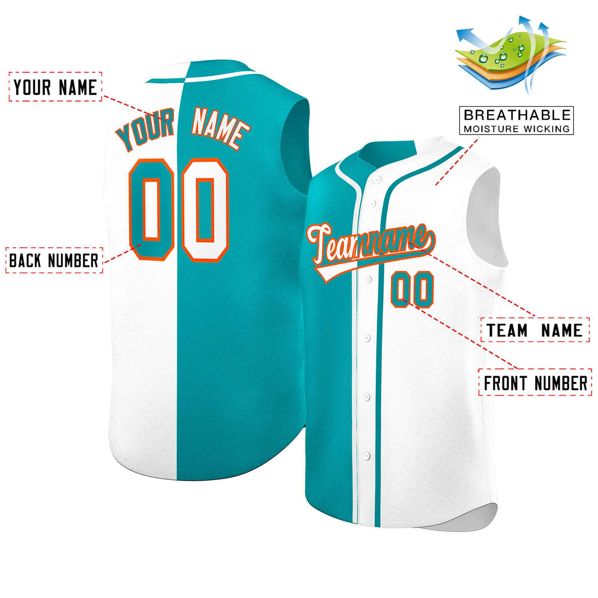 Custom Aqua White Split Fashion Design Authentic Sleeveless Baseball Jersey Limited