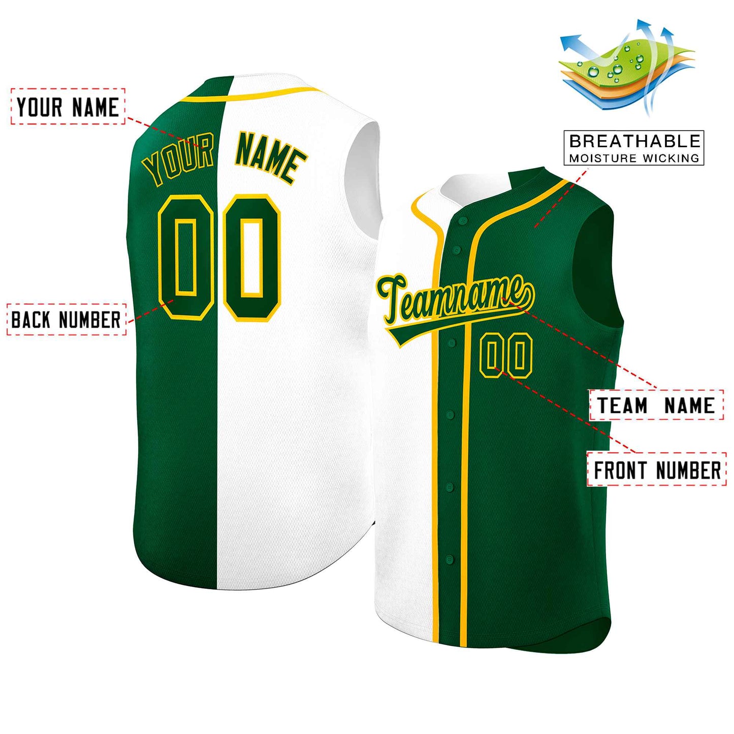 Custom White Green Split Fashion Design Authentic Sleeveless Baseball Jersey Limited