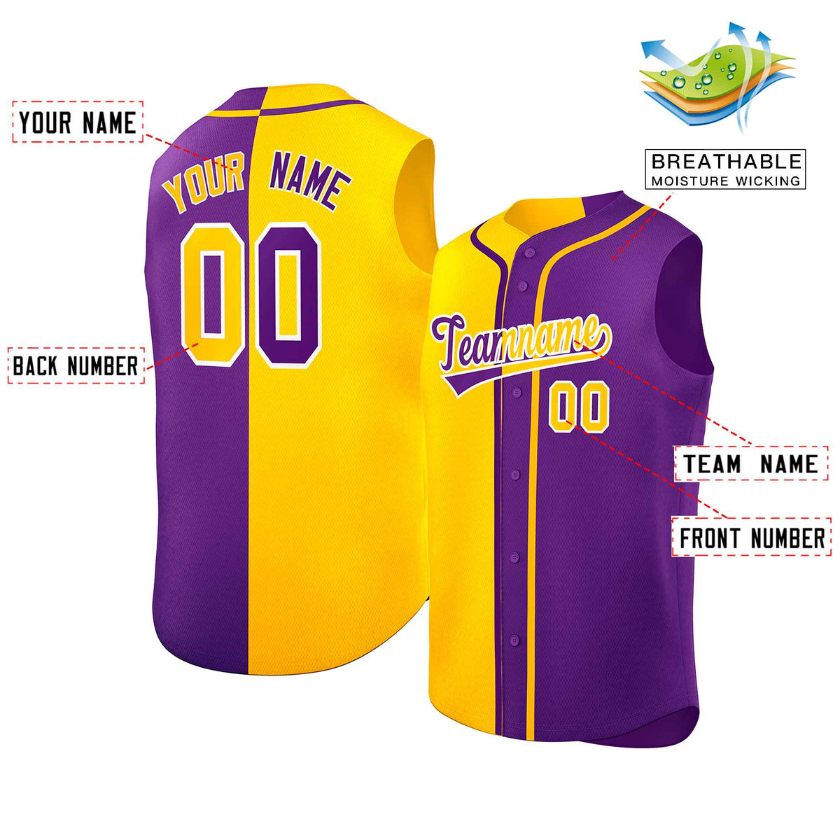 Custom Gold Purple Split Fashion Design Authentic Sleeveless Baseball Jersey Limited