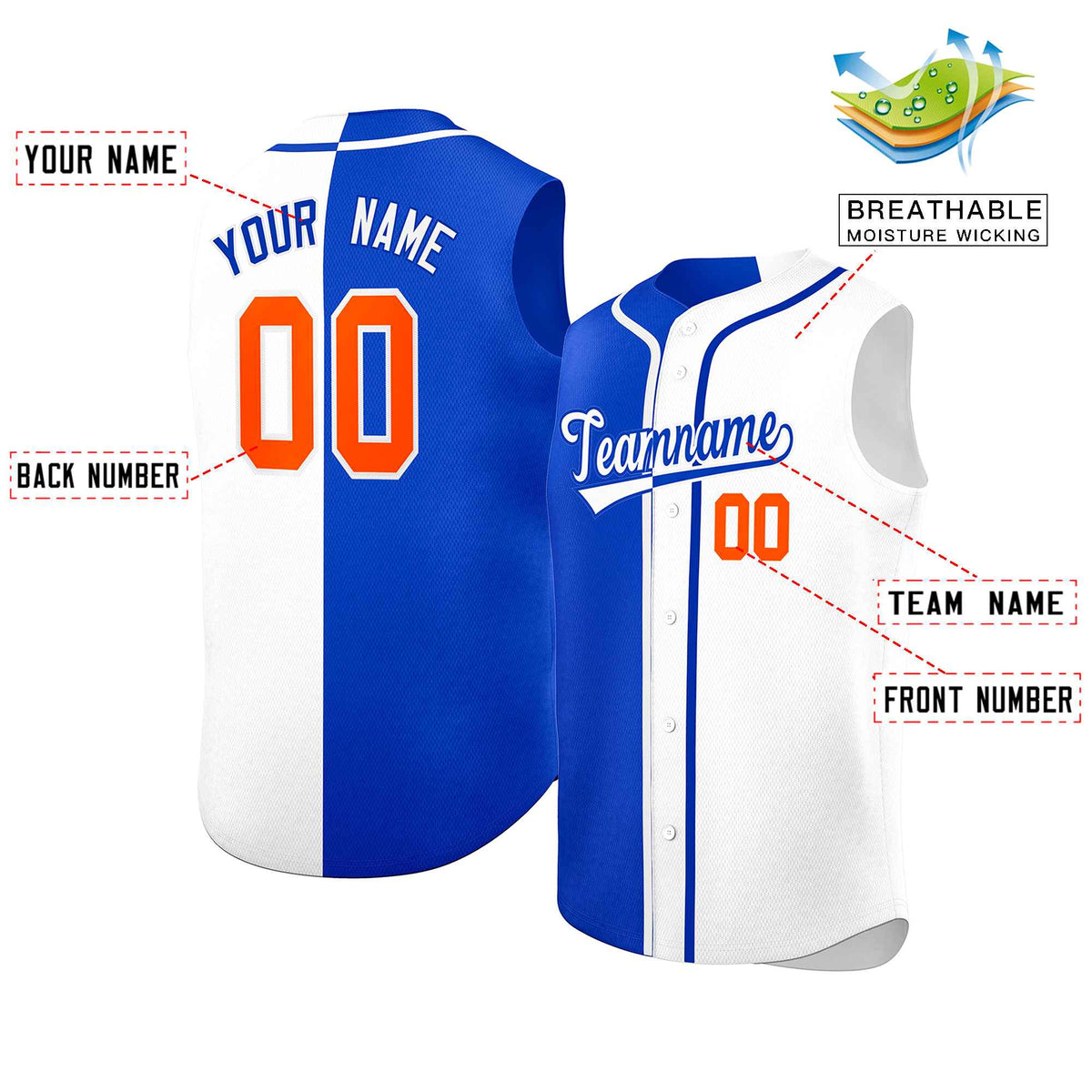 Custom Royal White Split Fashion Design Authentic Sleeveless Baseball Jersey Limited