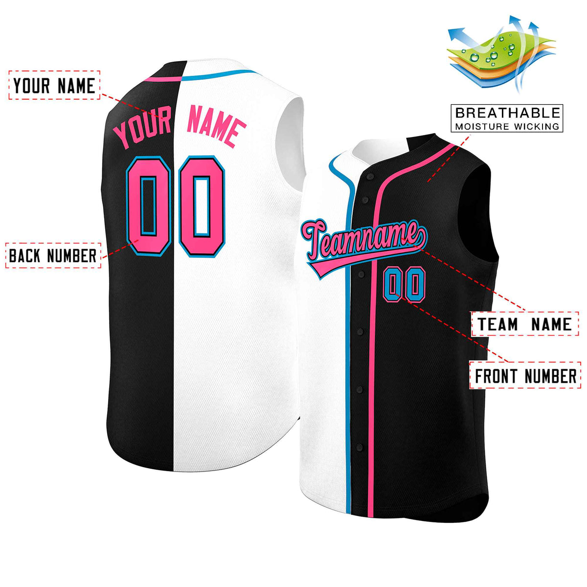 Custom White Black Split Fashion Design Authentic Sleeveless Baseball Jersey Limited