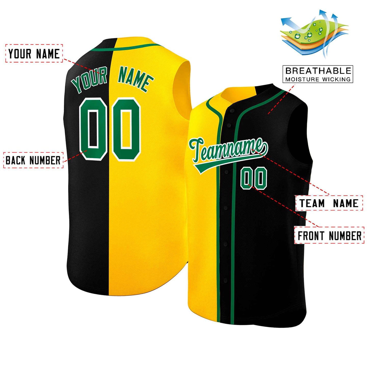 Custom Gold Black Split Fashion Design Authentic Sleeveless Baseball Jersey Limited