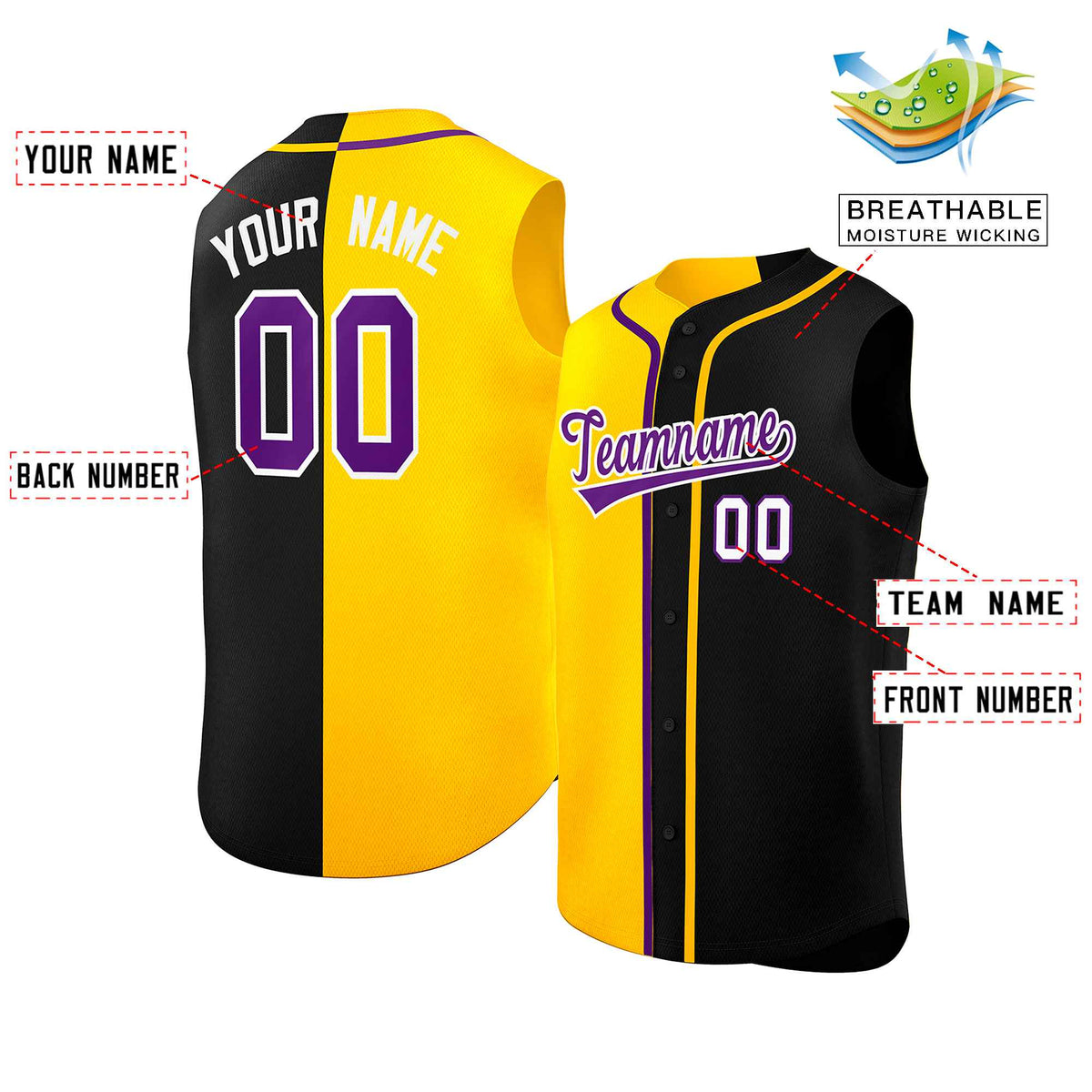Custom Gold Black Split Fashion Design Authentic Sleeveless Baseball Jersey Limited