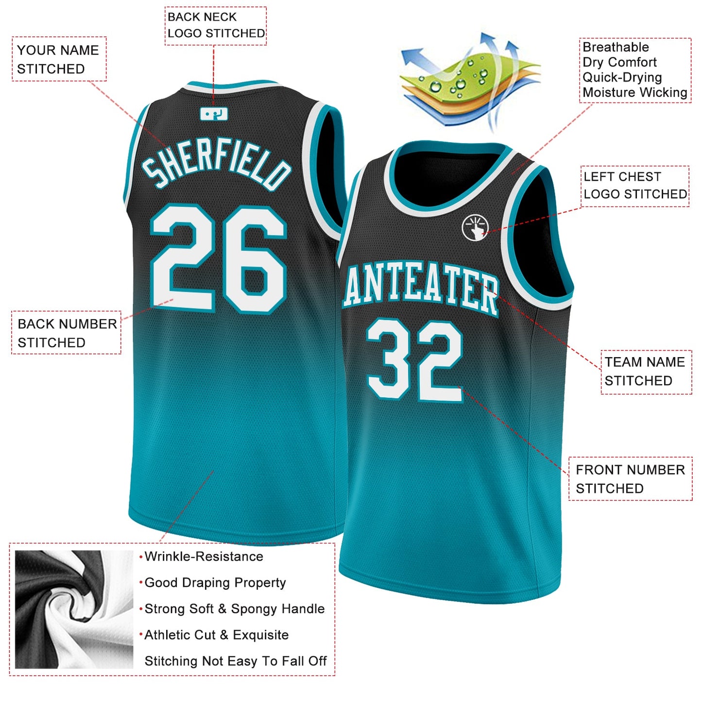 Custom Black White-Teal Authentic Fade Fashion Basketball Jersey Limited