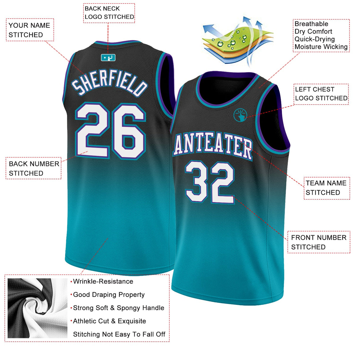Custom Black White-Teal Authentic Fade Fashion Basketball Jersey Limited