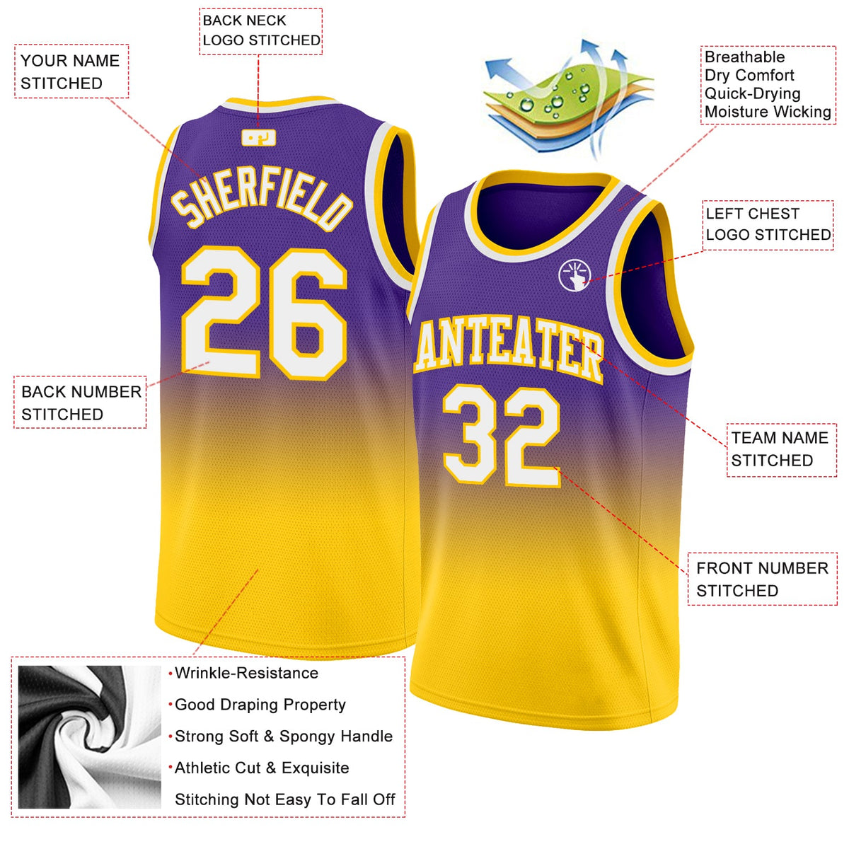 Custom Purple White-Gold Authentic Fade Fashion Basketball Jersey Limited