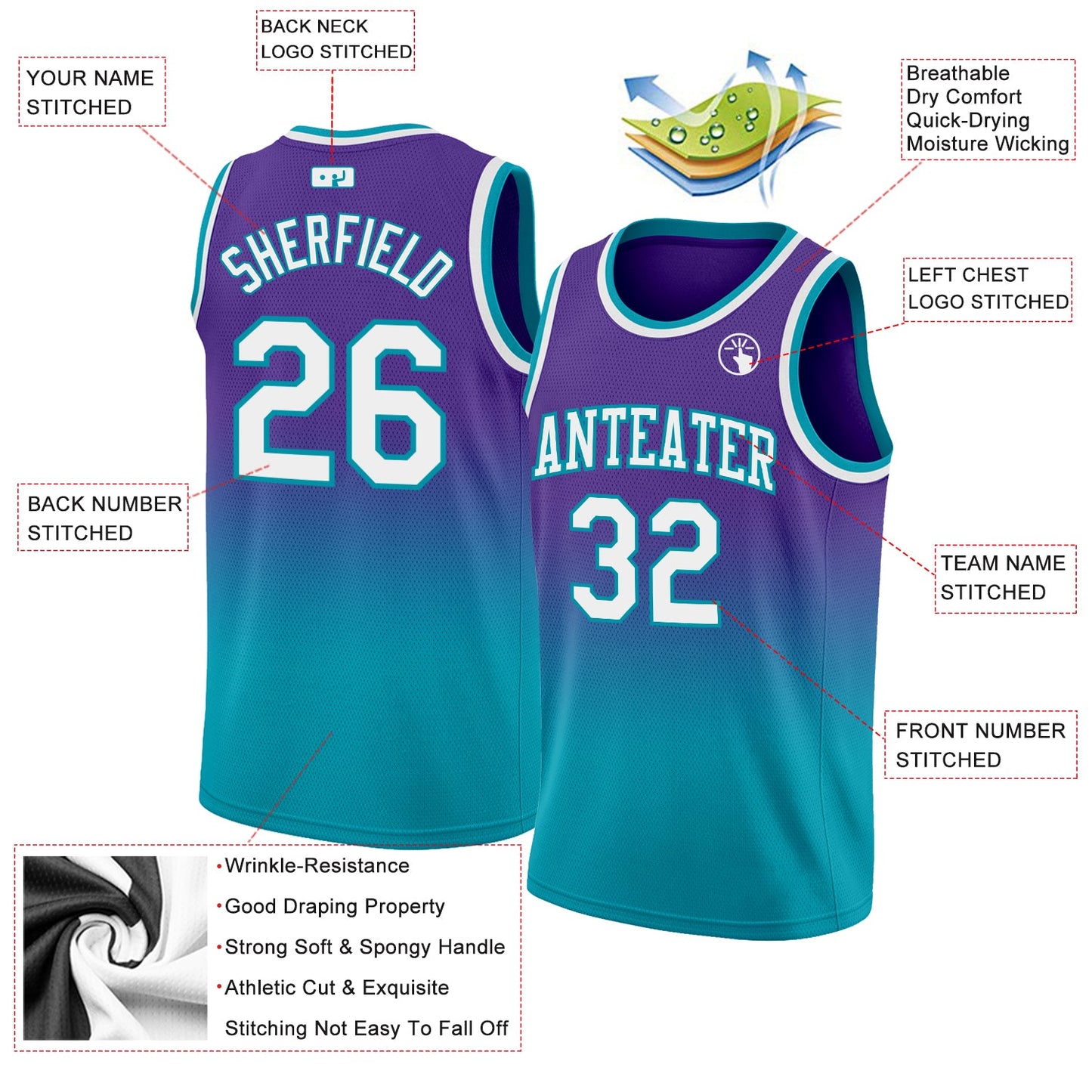 Custom Purple White-Teal Authentic Fade Fashion Basketball Jersey Limited