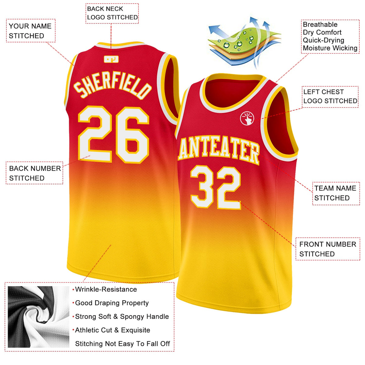 Custom Red White-Gold Authentic Fade Fashion Basketball Jersey Limited
