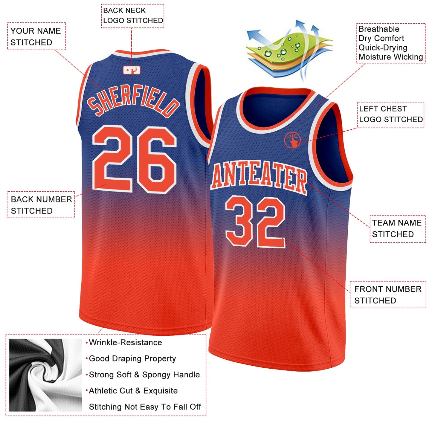Custom Royal Orange-White Authentic Fade Fashion Basketball Jersey Limited
