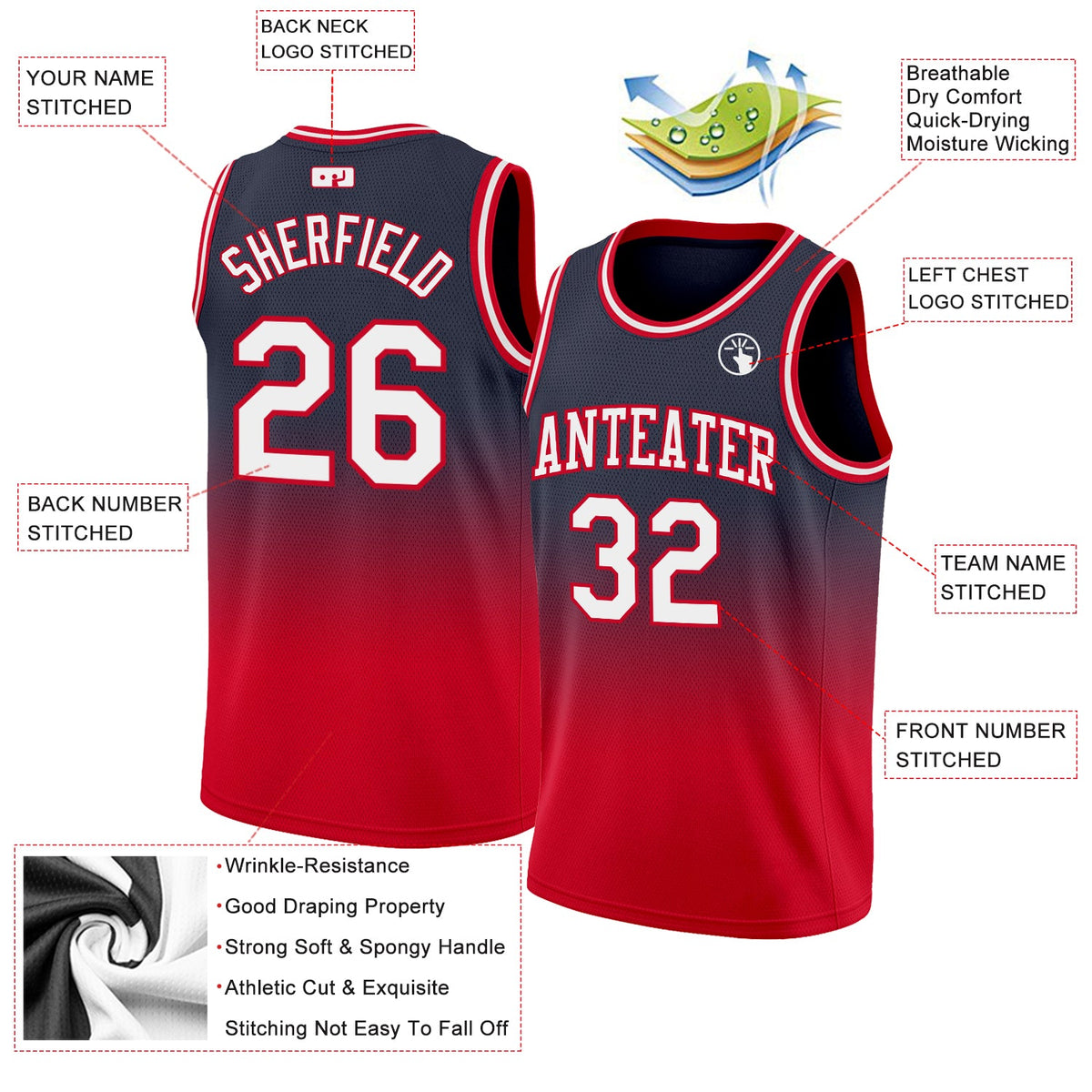 Custom Navy White-Red Authentic Fade Fashion Basketball Jersey Limited
