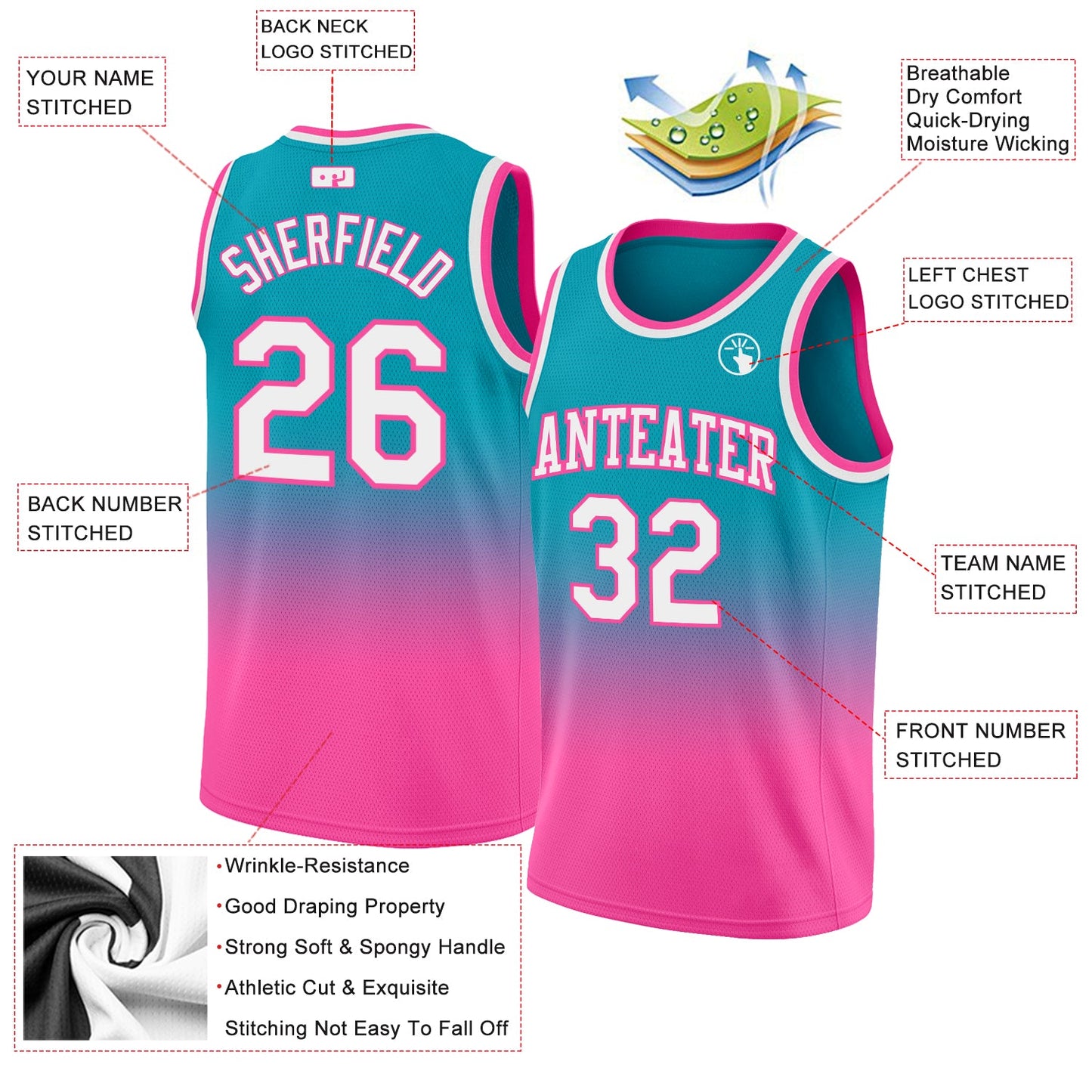 Custom Teal White-Pink Authentic Fade Fashion Basketball Jersey Limited