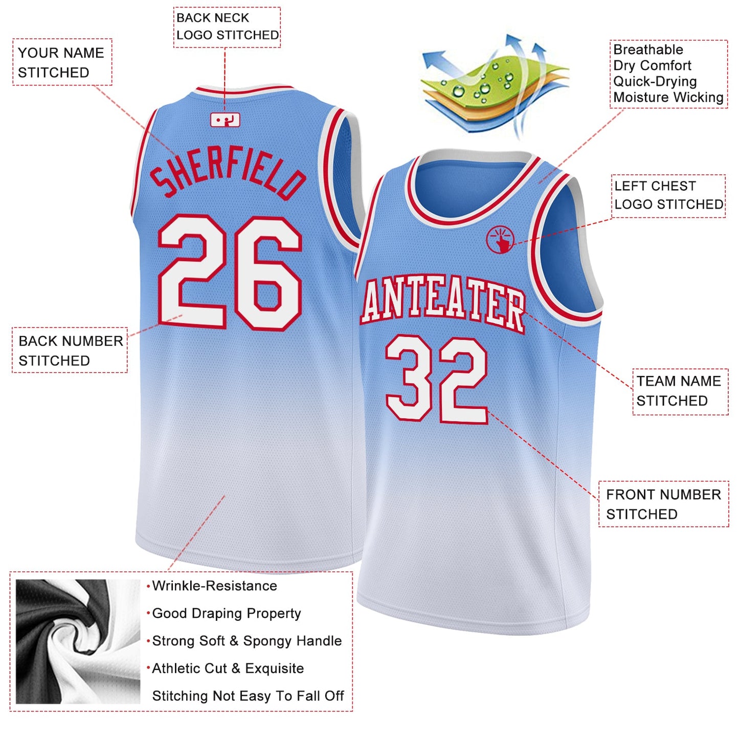 Custom Light Blue White-Red Authentic Fade Fashion Basketball Jersey Limited