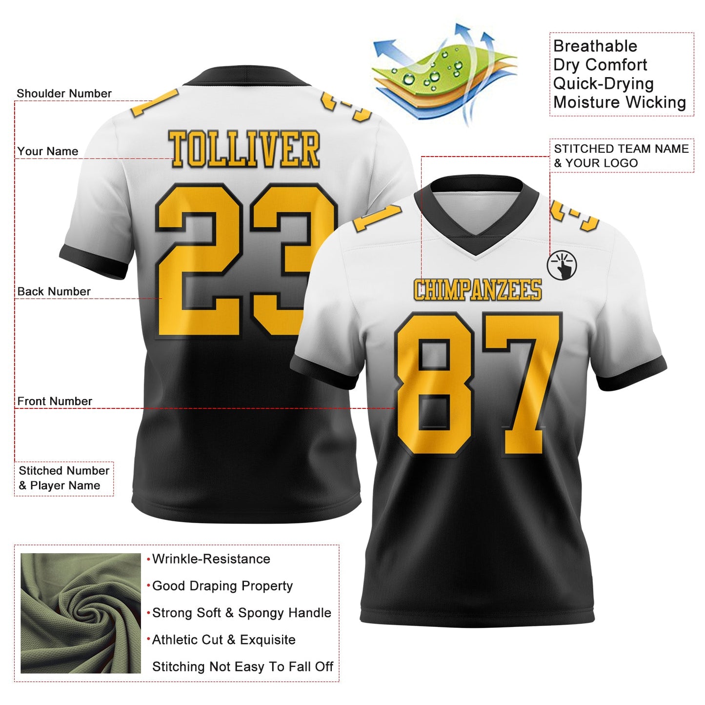 Custom White Gold-Black Authentic Fade Fashion Football Jersey Limited