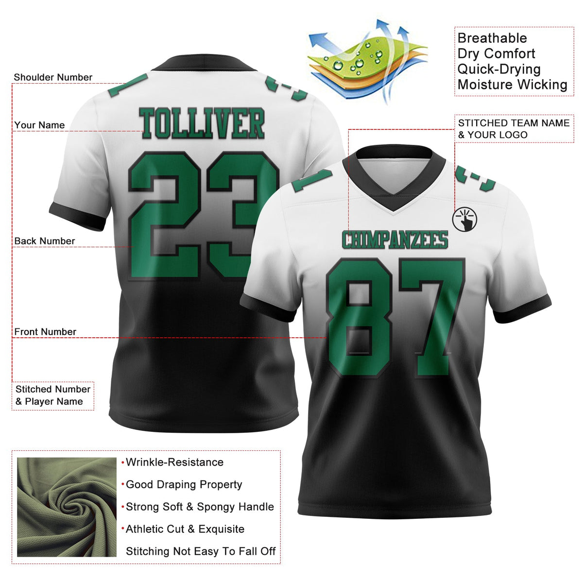 Custom White Kelly Green-Black Authentic Fade Fashion Football Jersey Limited