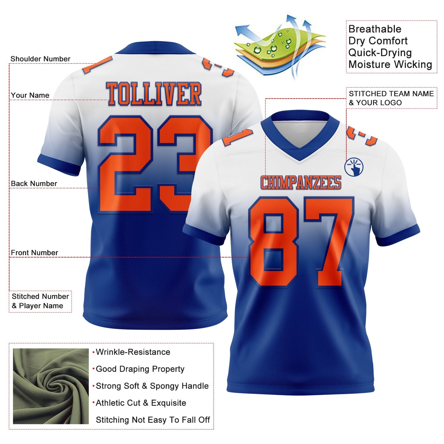 Custom White Orange-Royal Authentic Fade Fashion Football Jersey Limited