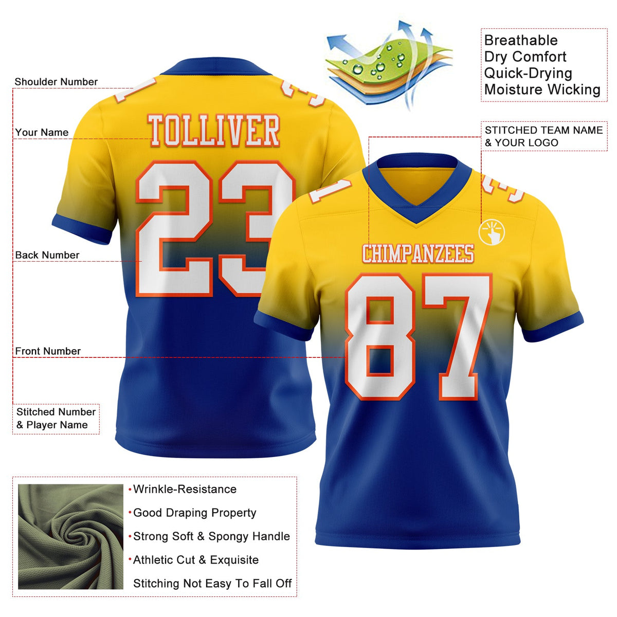 Custom Yellow White Royal-Orange Authentic Fade Fashion Football Jersey Limited