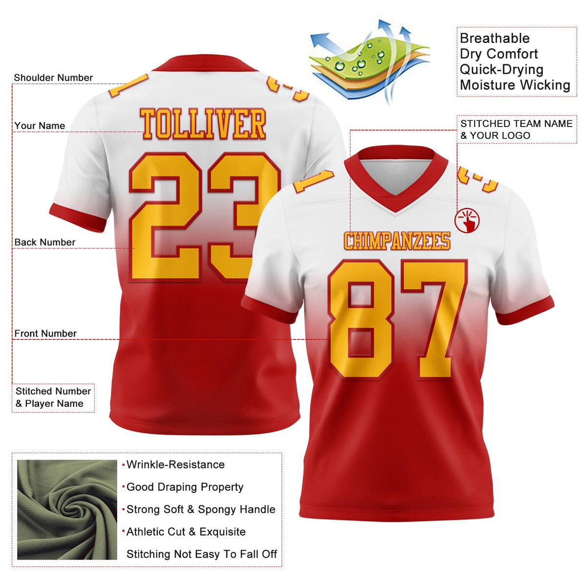 Custom White Gold-Red Authentic Fade Fashion Football Jersey Limited