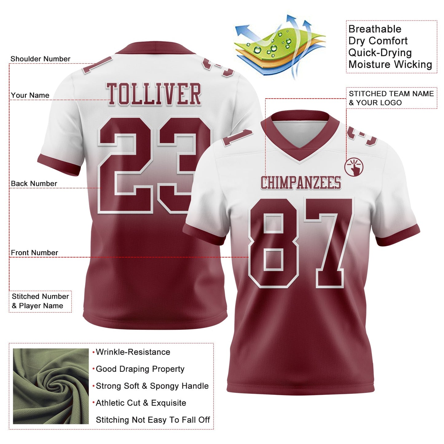 Custom White Burgundy Authentic Fade Fashion Football Jersey Limited