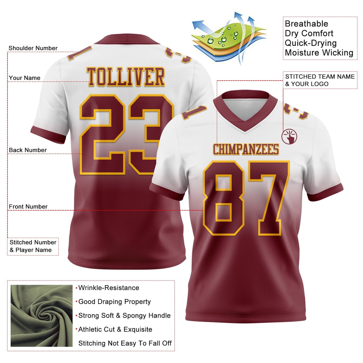 Custom White Burgundy-Gold Authentic Fade Fashion Football Jersey Limited