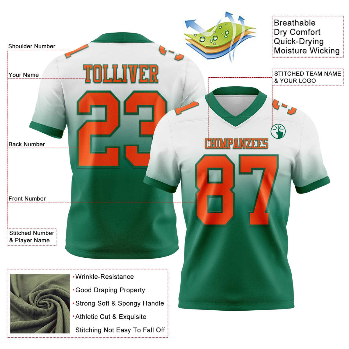 Custom White Orange-Kelly Green Authentic Fade Fashion Football Jersey Limited