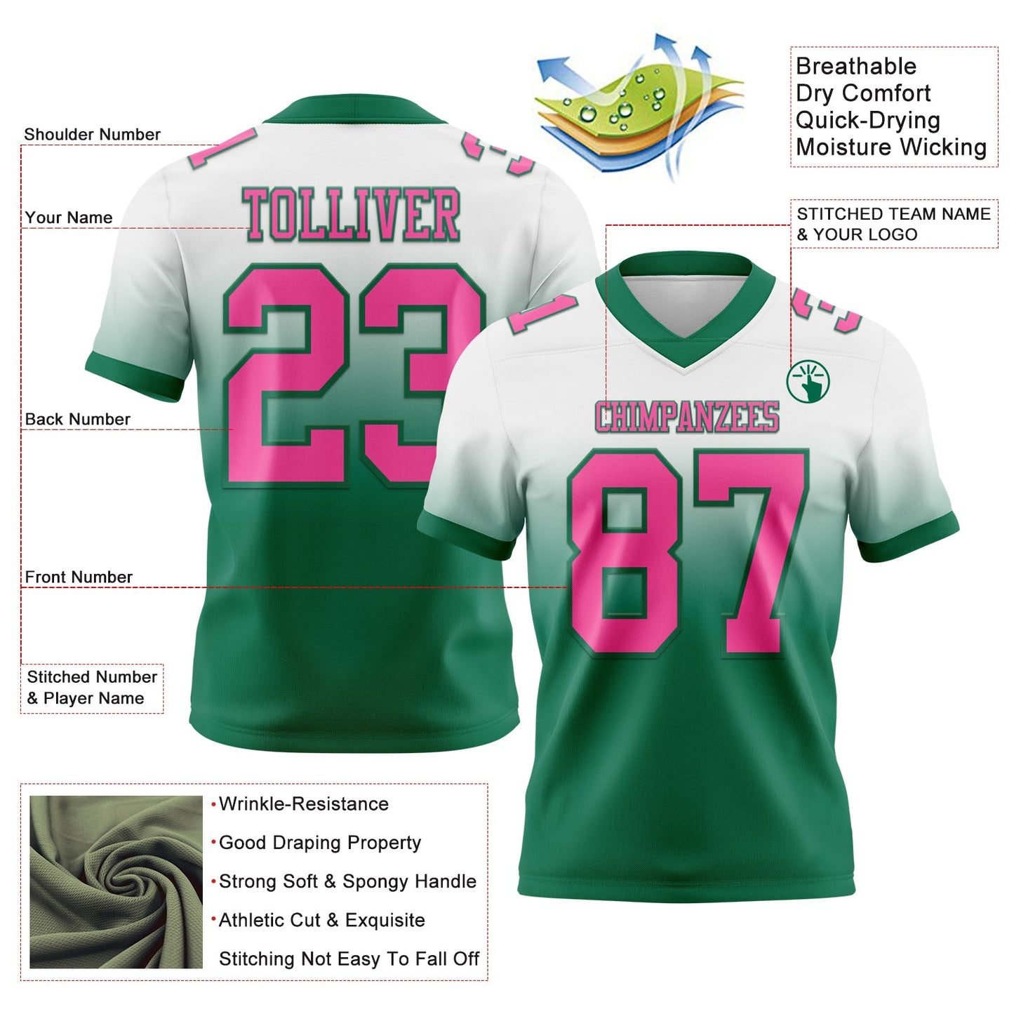 Custom White Pink-Kelly Green Authentic Fade Fashion Football Jersey Limited