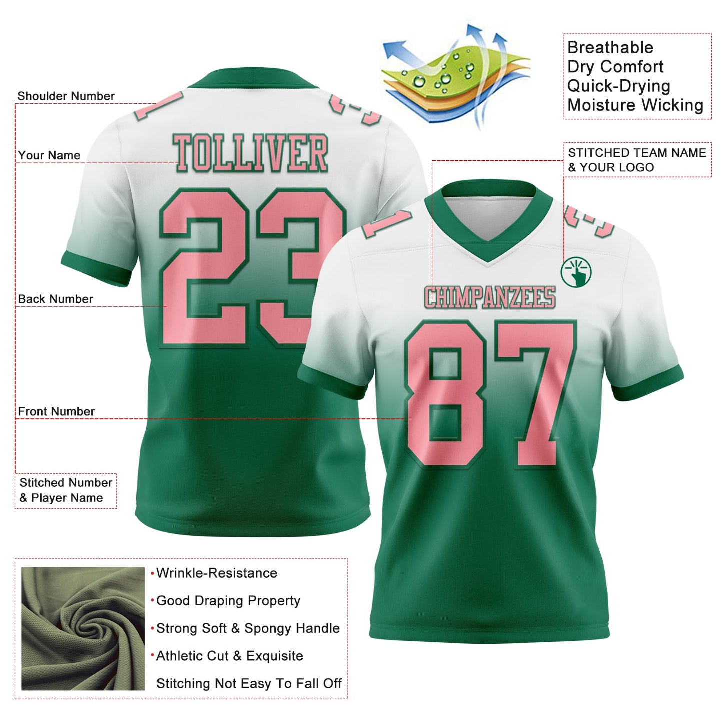 Custom White Medium Pink-Kelly Green Authentic Fade Fashion Football Jersey Limited
