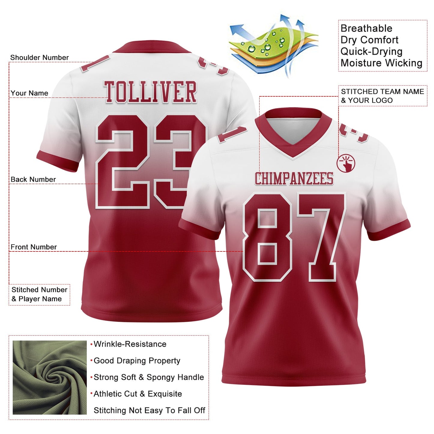 Custom White Cardinal Authentic Fade Fashion Football Jersey Limited