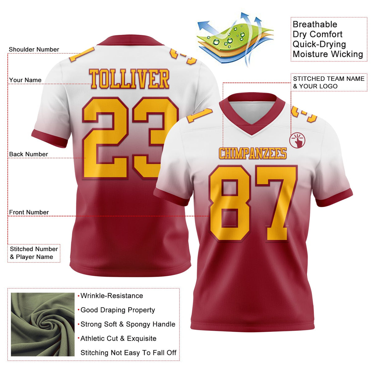 Custom White Gold-Cardinal Authentic Fade Fashion Football Jersey Limited