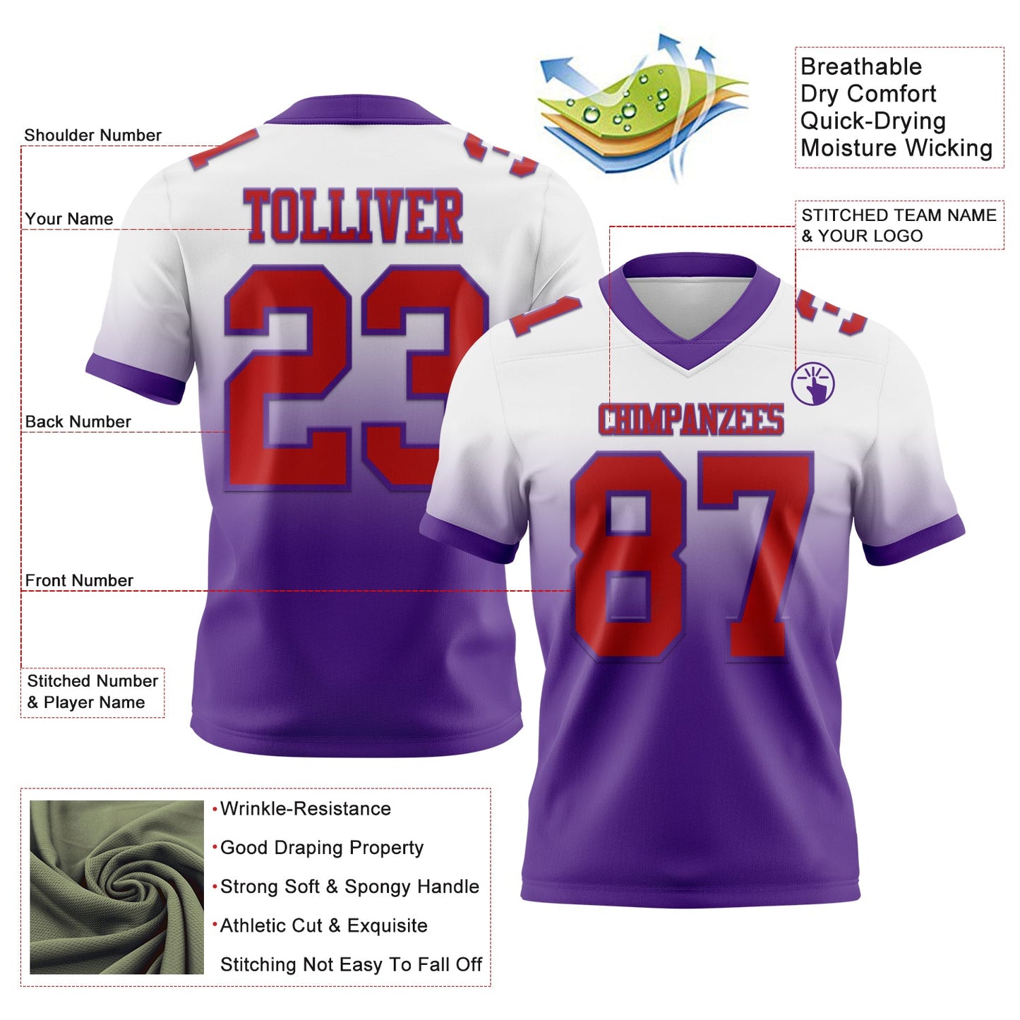 Custom White Red-Purple Authentic Fade Fashion Football Jersey Limited