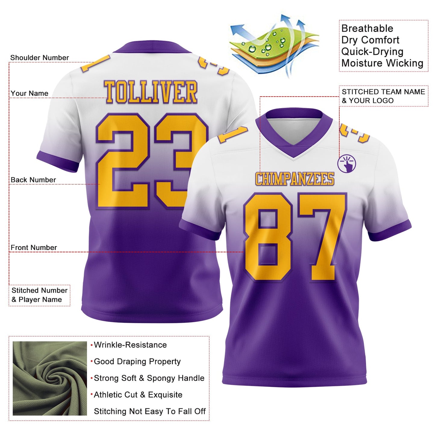 Custom White Gold-Purple Authentic Fade Fashion Football Jersey Limited