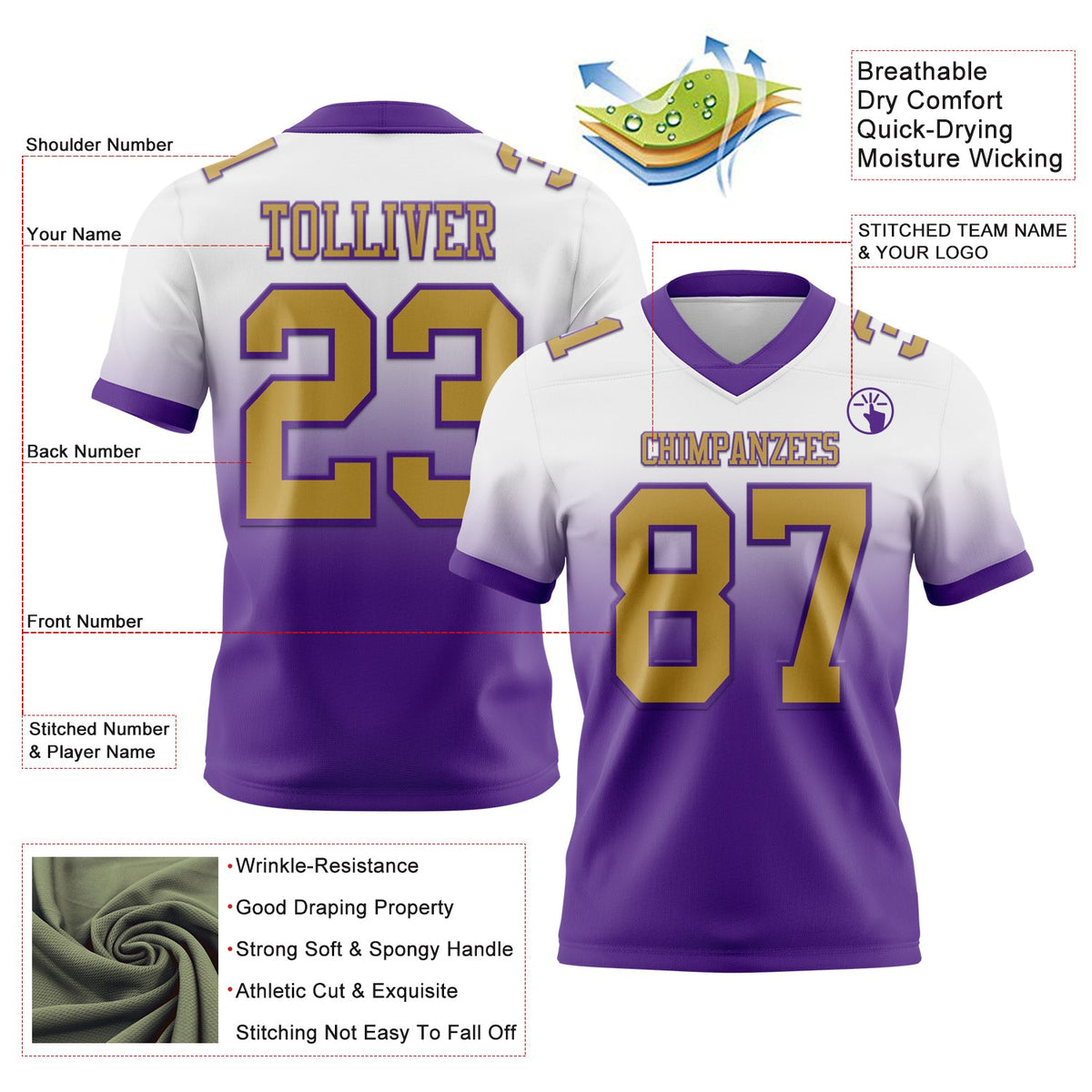Custom White Old Gold-Purple Authentic Fade Fashion Football Jersey Limited