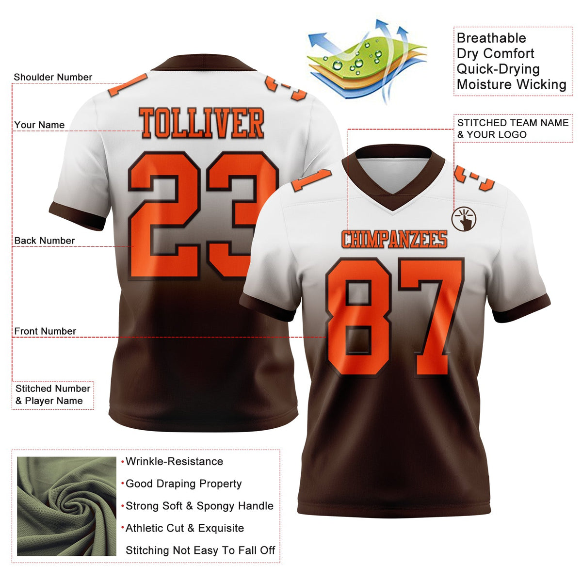 Custom White Orange-Brown Authentic Fade Fashion Football Jersey Limited