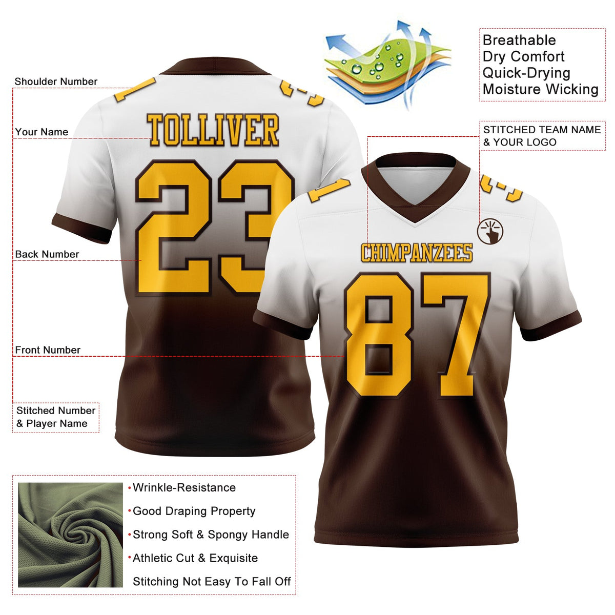 Custom White Gold-Brown Authentic Fade Fashion Football Jersey Limited