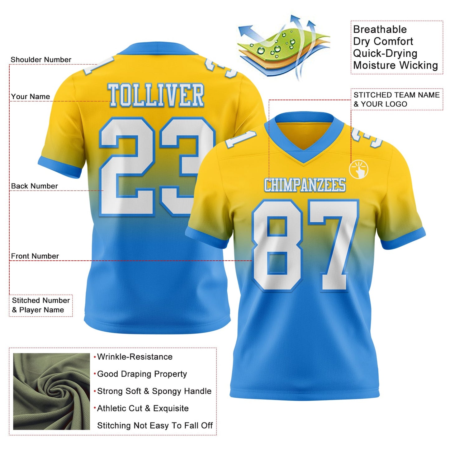 Custom Yellow White-Powder Blue Authentic Fade Fashion Football Jersey Limited