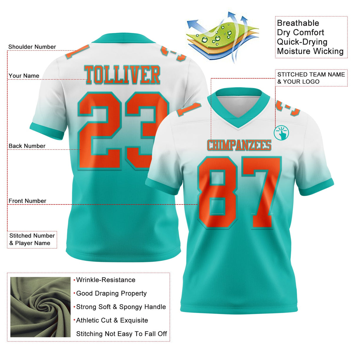 Custom White Orange-Aqua Authentic Fade Fashion Football Jersey Limited