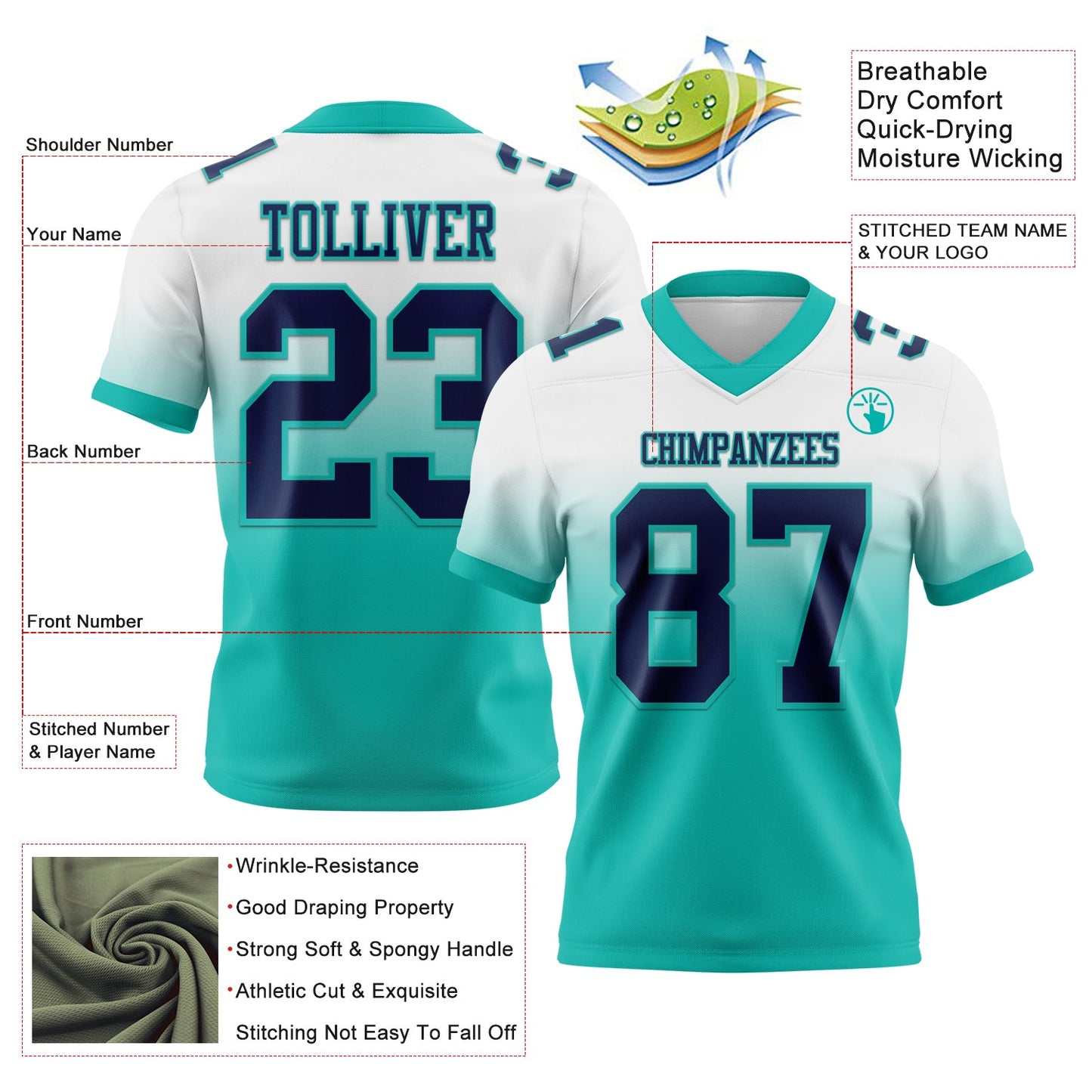 Custom White Navy-Aqua Authentic Fade Fashion Football Jersey Limited