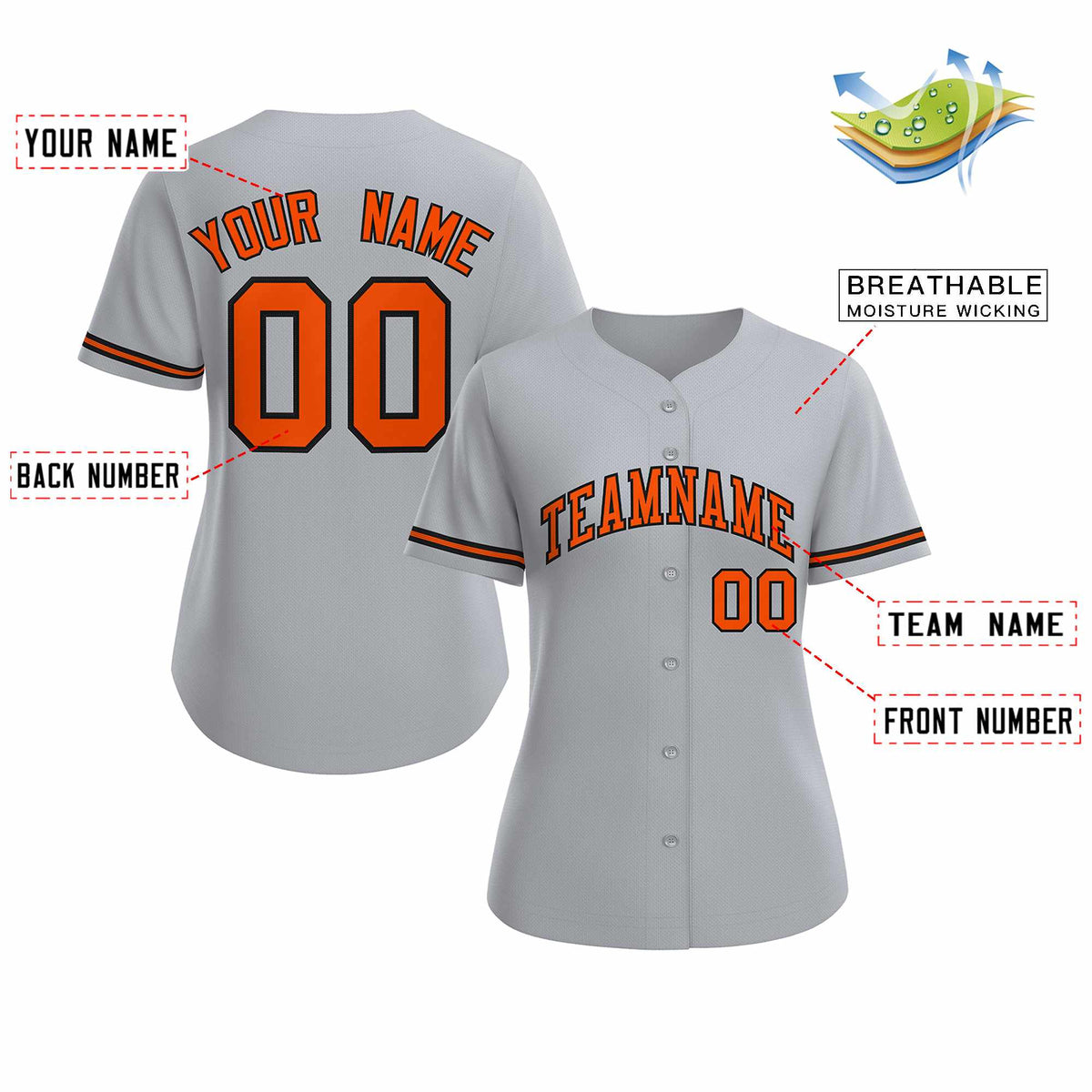Custom Gray Orange Black Classic Style Baseball Jersey for Women Limited