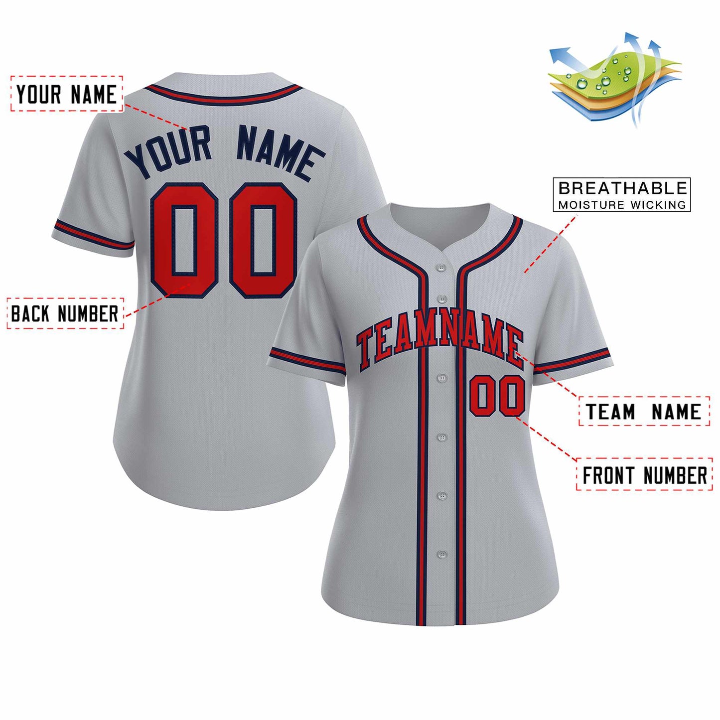 Custom Gray Red Navy Classic Style Baseball Jersey for Women Limited