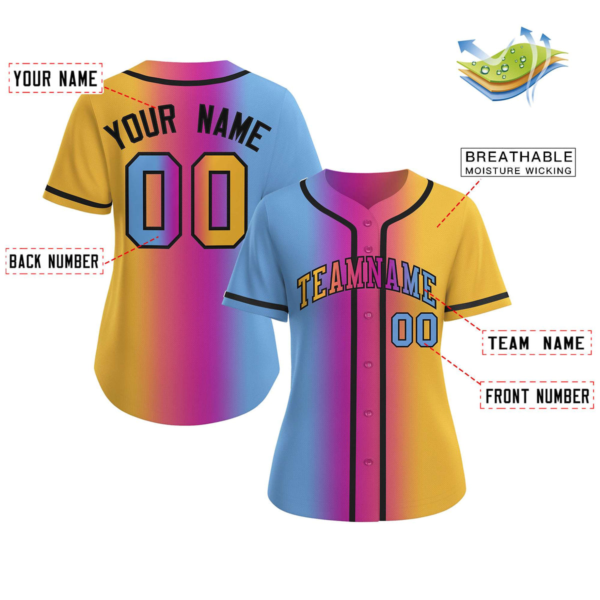Custom Light Blue Gold-Black Gradient Fashion Baseball Jersey For Women Limited