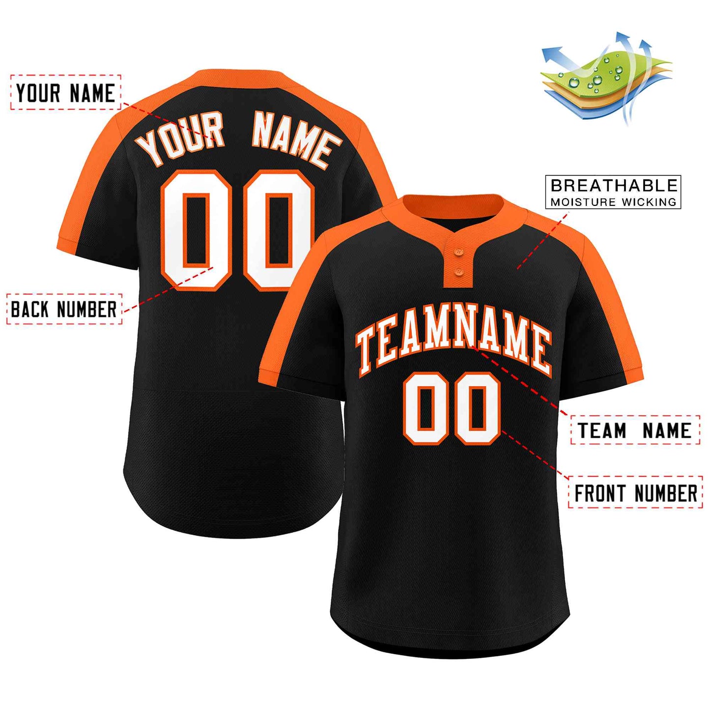 Custom Black White-Orange Classic Style Authentic Two-Button Softball Jersey Limited