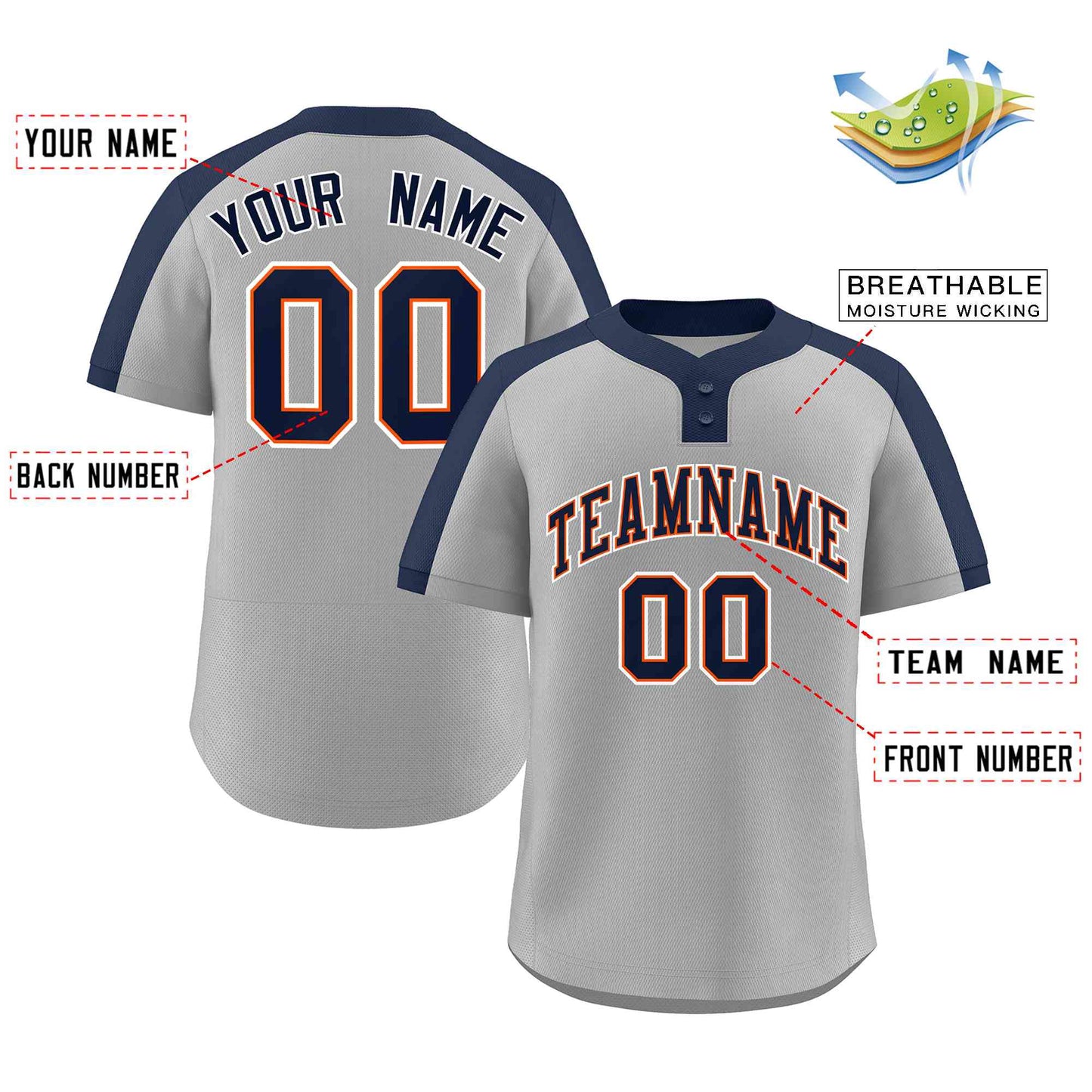 Custom Gray Navy-Orange Classic Style Authentic Two-Button Softball Jersey Limited