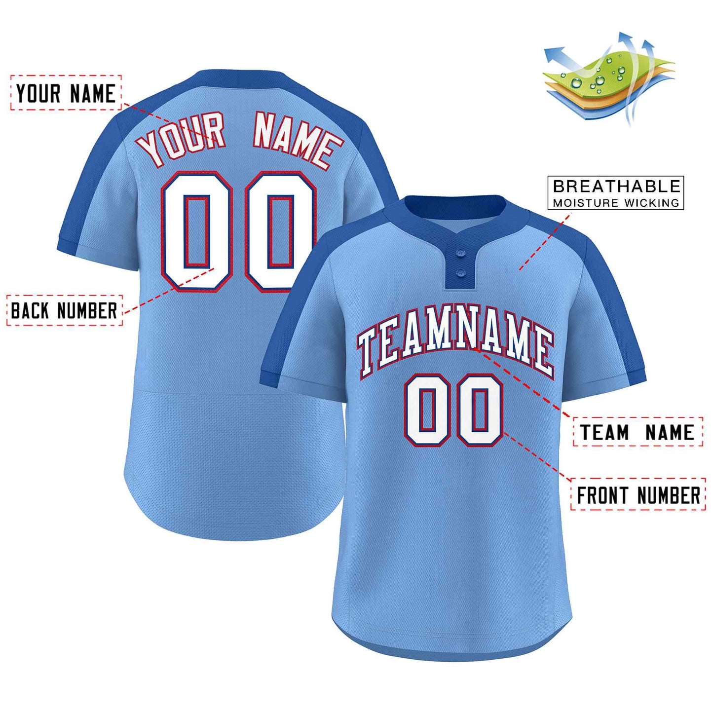 Custom Light Blue White-Royal Classic Style Authentic Two-Button Softball Jersey Limited