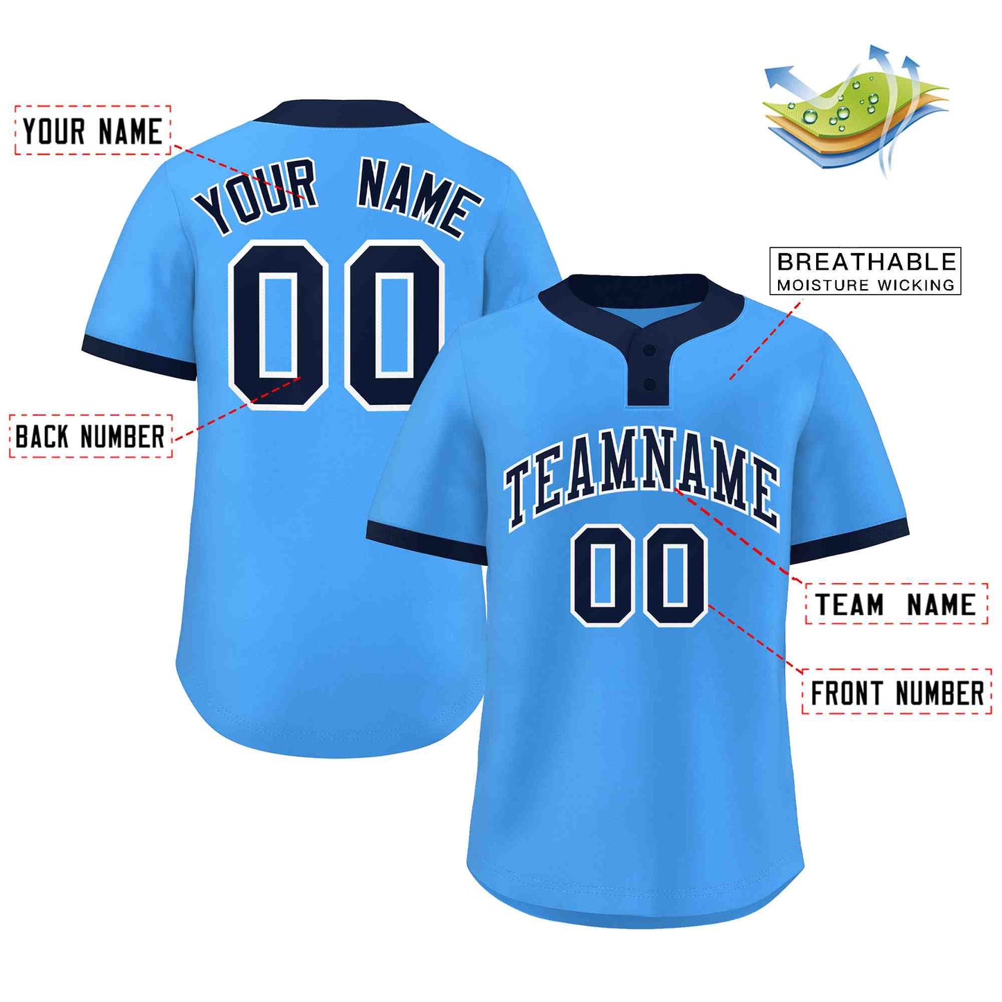 Custom Powder Blue Navy-White Classic Style Authentic Two-Button Softball Jersey Limited